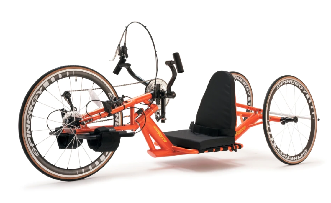 Top End Force G Handcycle in Orange frame with Spinergy wheels