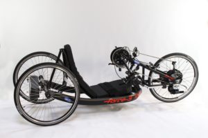 Bike-On Quadelite handcycle build in black, with TOP END Force-3 label