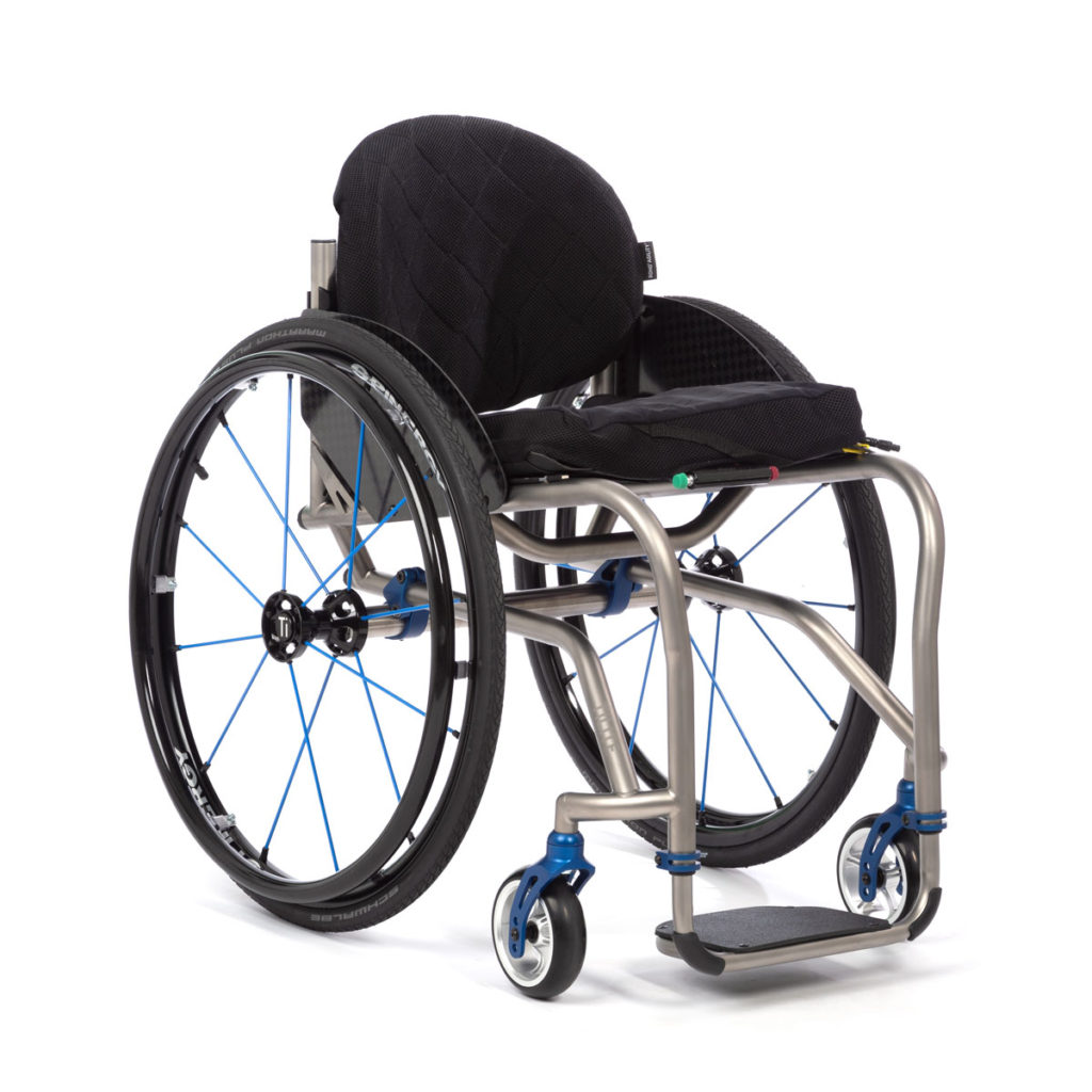 TiLite TR titanium dual tube wheelchair in blue and silver frame
