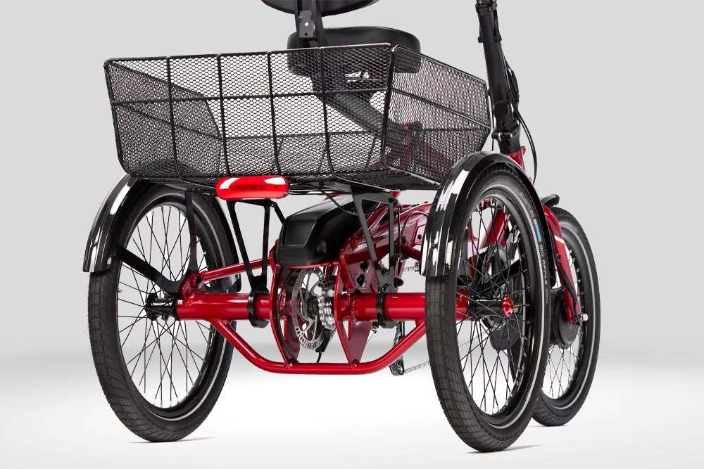 Trivel e-Azteca Electric Tricycle with red frame and rear basket attachment