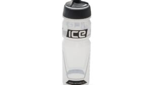 Transparent water bottle with black cap & spout, with the ICE logo on the front