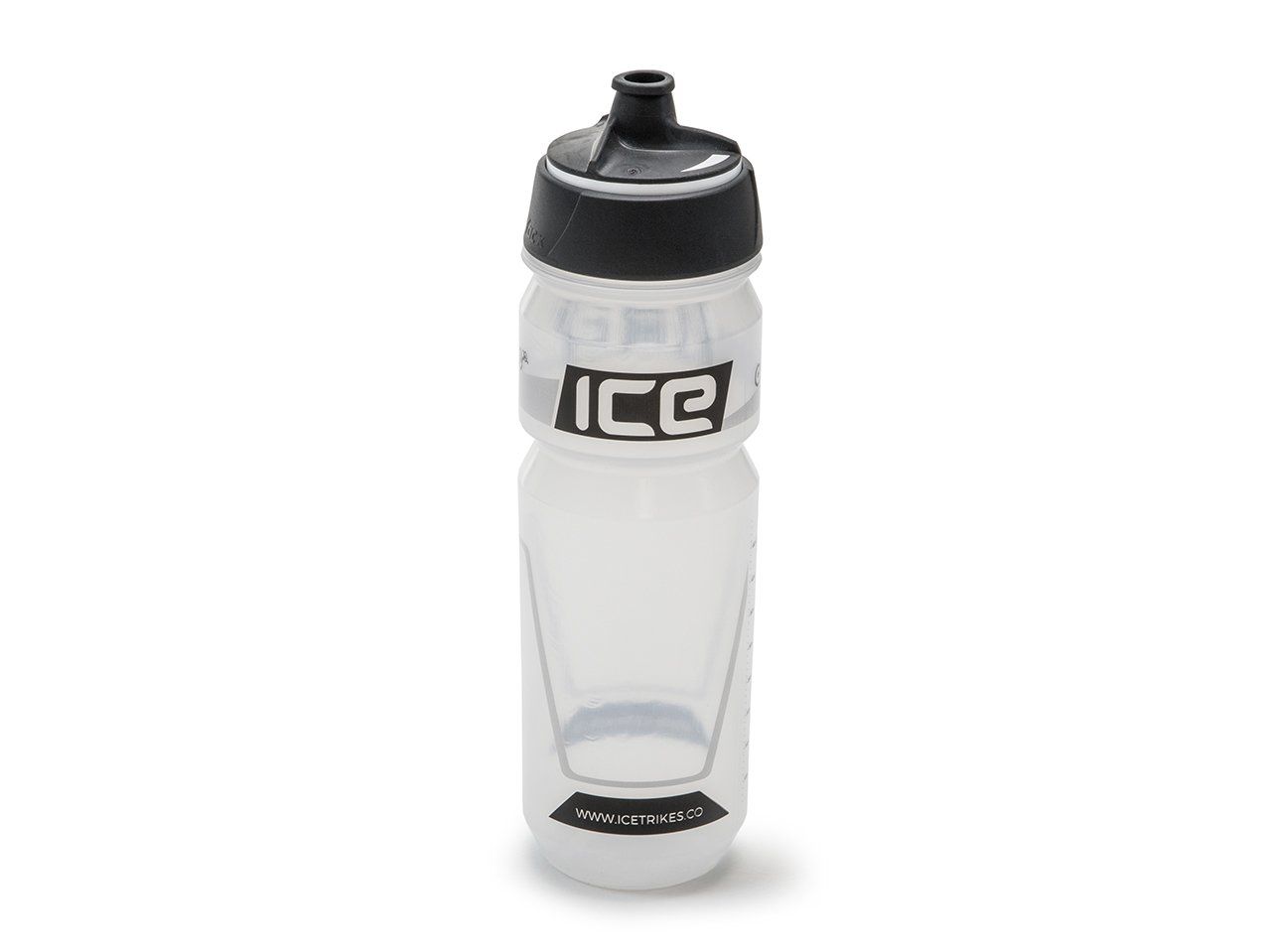 Transparent water bottle with black cap & spout, with the ICE logo on the front