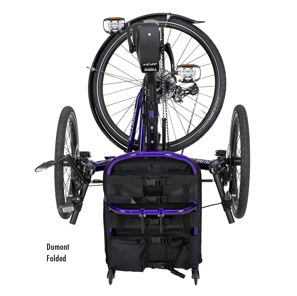 Catrike Dumont Bosch eCAT with purple frame in folded position.
