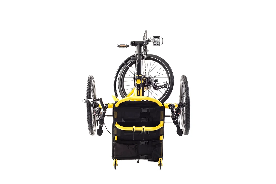 Catrike Trail recumbent trike with yellow frame in folded position
