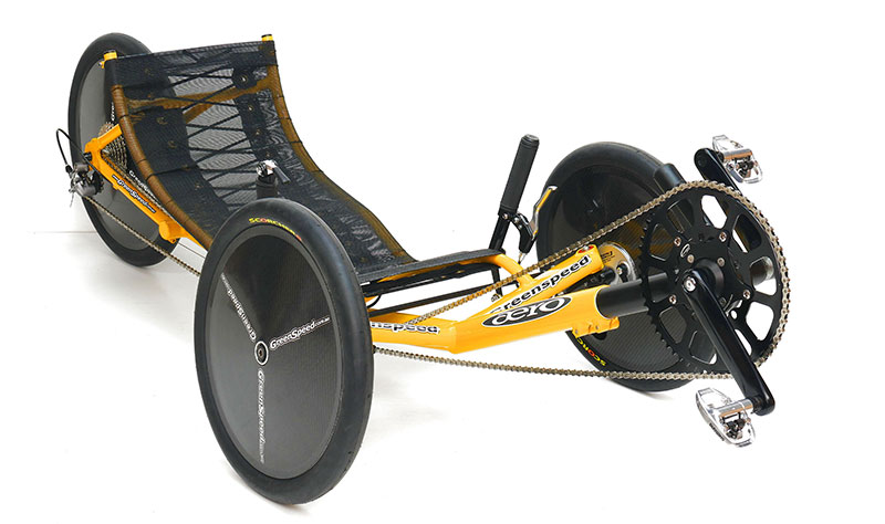 Greenspeed Aero recumbent trike with yellow frame