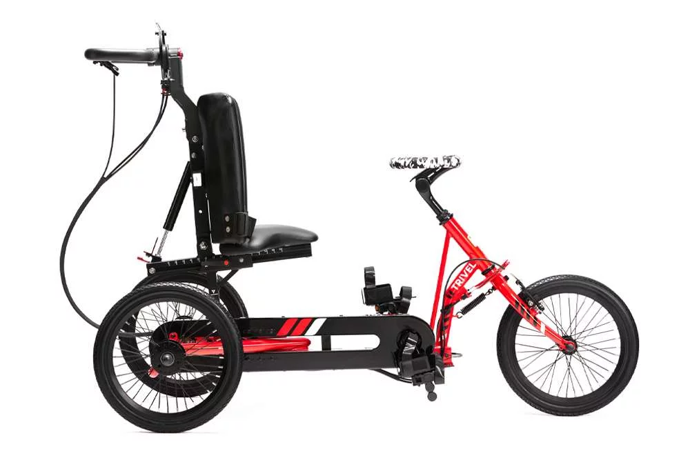 Trivel T-250 Kids Orthopedic Adaptive Trike with red frame, handlebars retracted