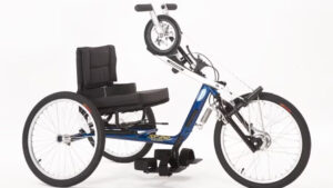 Three quarters view of Top End Lil Excelerator Handcycle for children in Blue
