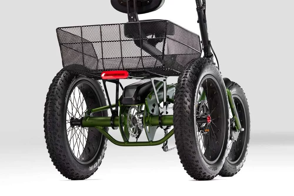 Trivel e-Fat Azteca Electric Tricycle with green frame and rear basket attachment