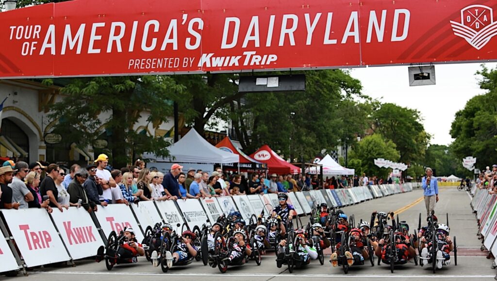 Racers line up for the start of a criterium at Tour of America's Dairyland