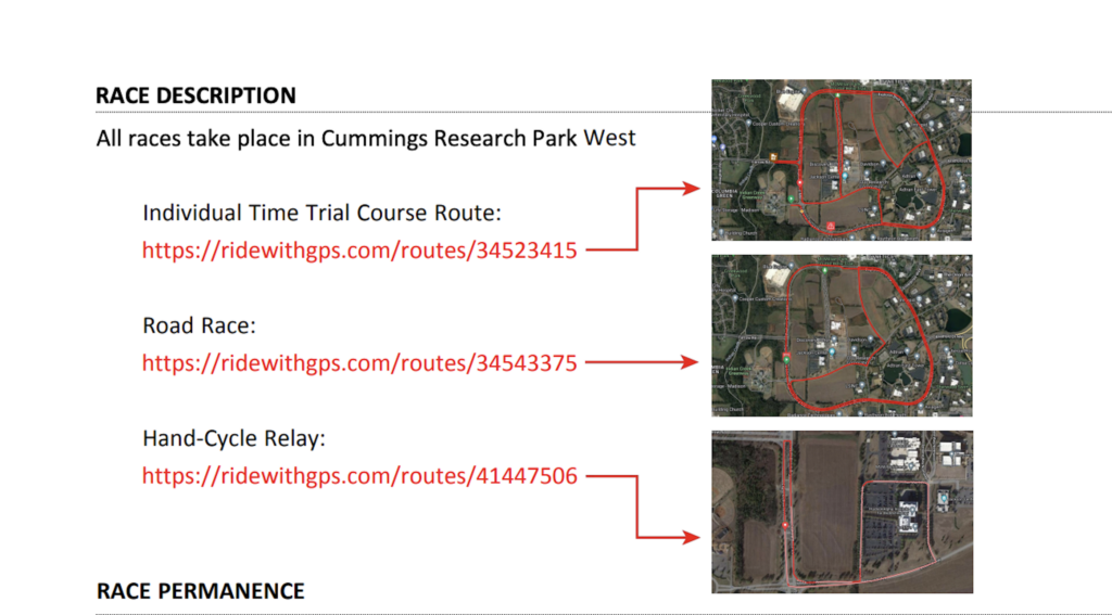 3 different photos of different courses at Hunstville. RACE DESCRIPTIONAll races take place in Cummings Research Park West Individual Time Trial Course Route: https://ridewithgps.com/routes/34523415 Road Race: https://ridewithgps.com/routes/34543375 Hand-Cycle Relay: https://ridewithgps.com/routes/41447506