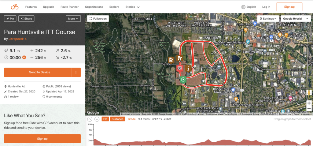 Screenshot of a satellite view of a map course with a orange line highlighting the course route. On the side the text reads Para Huntsville ITT Course with information regarding the details of the course: 9.1 miles 256 ft.